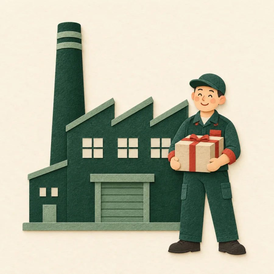 A factory with a chimney and a worker holding a box