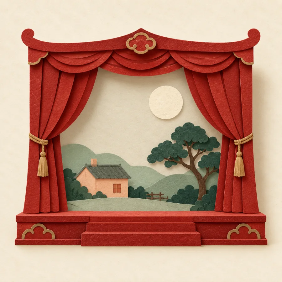 A small stage with red curtains, a house and a tree