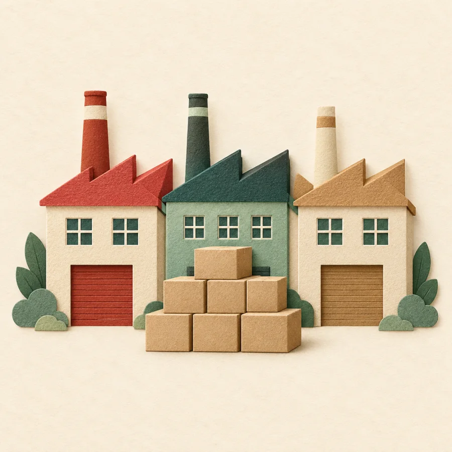 Three small factories with chimneys and a stack of boxes