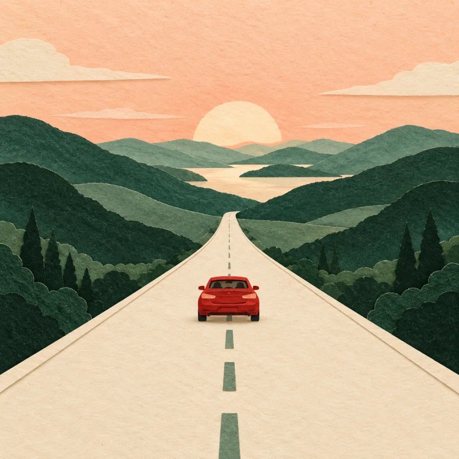 An empty road with a lone red car between hills