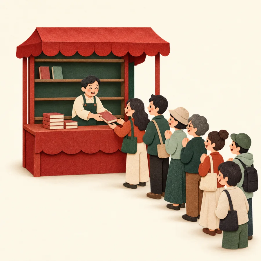 A seller hands books to a queue; the shelf is nearly empty