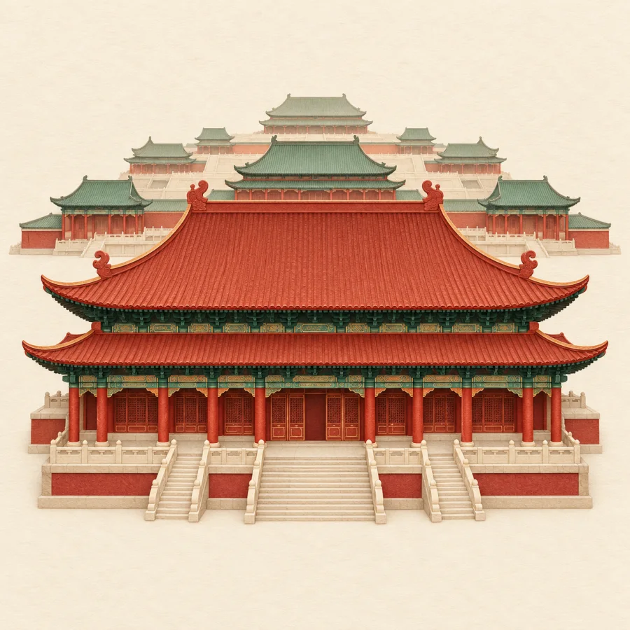 A palace with a red curved roof and smaller roofs behind