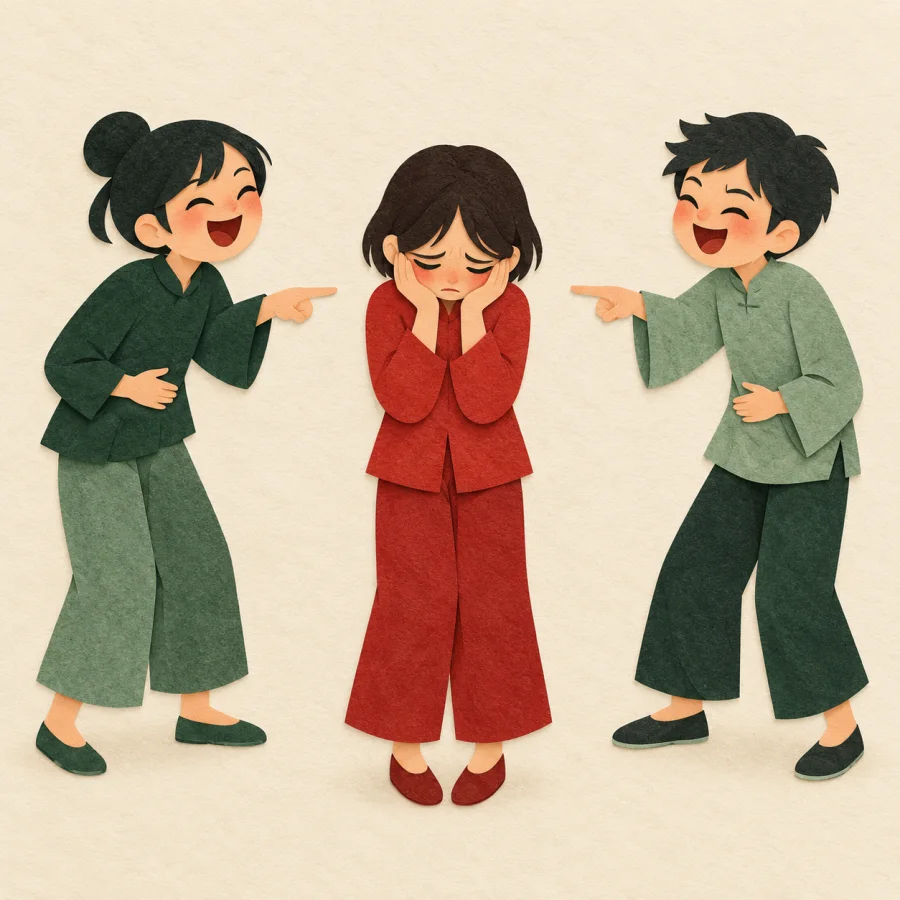 Two people point and laugh at a third who looks down