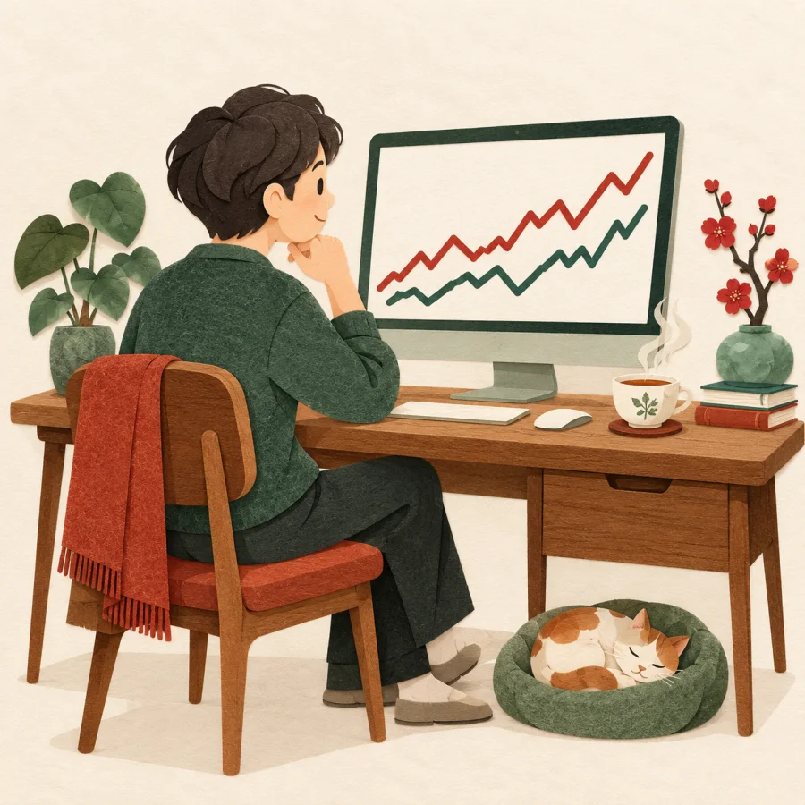 A person at a desk watches a zigzag line chart