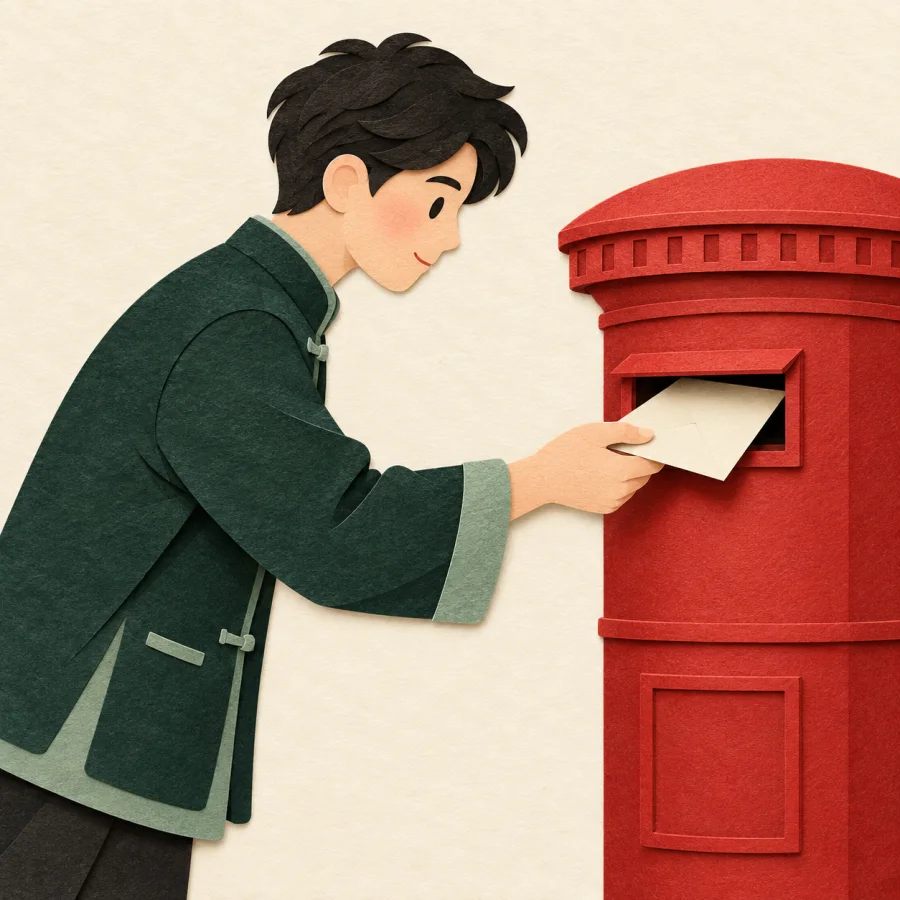 A person takes a just-posted letter back out of a red mailbox