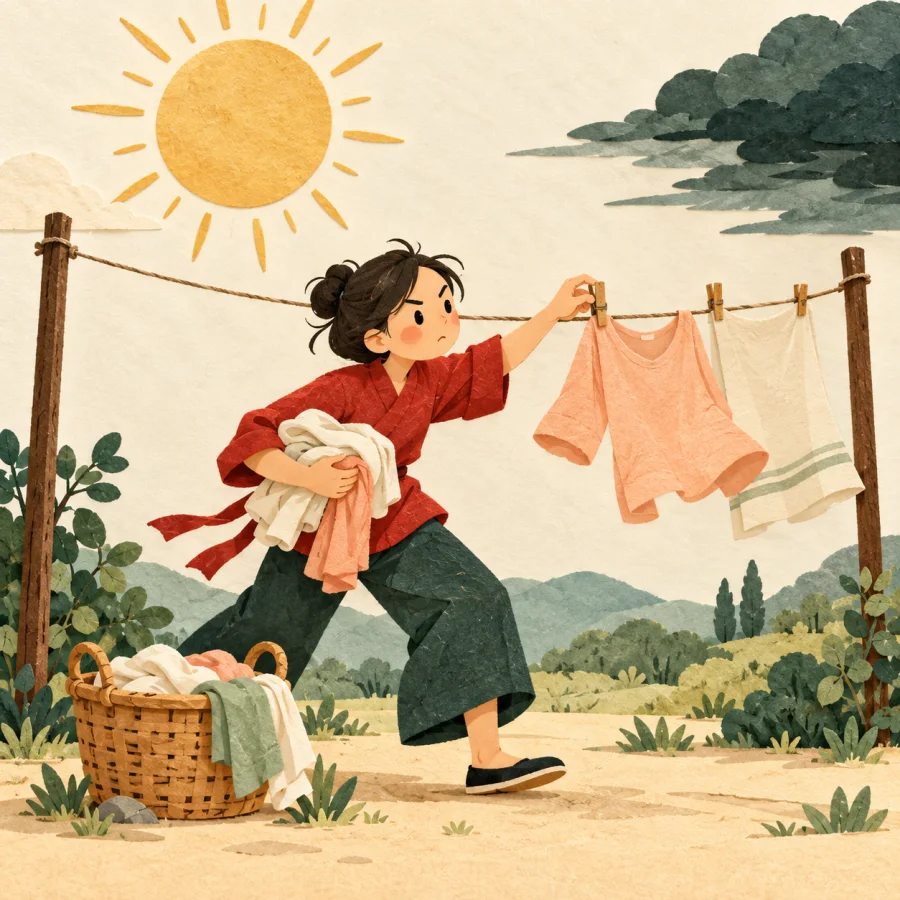 A person hangs laundry in the sun as a dark cloud nears