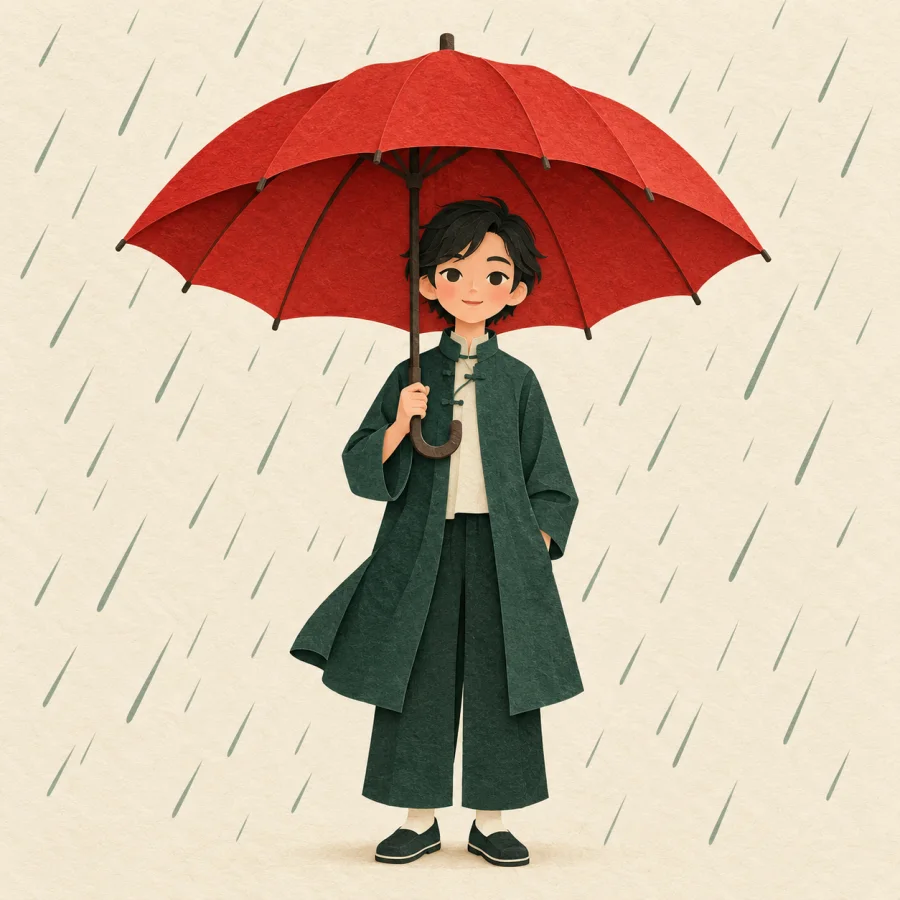 A person holding a big red umbrella in slanting rain