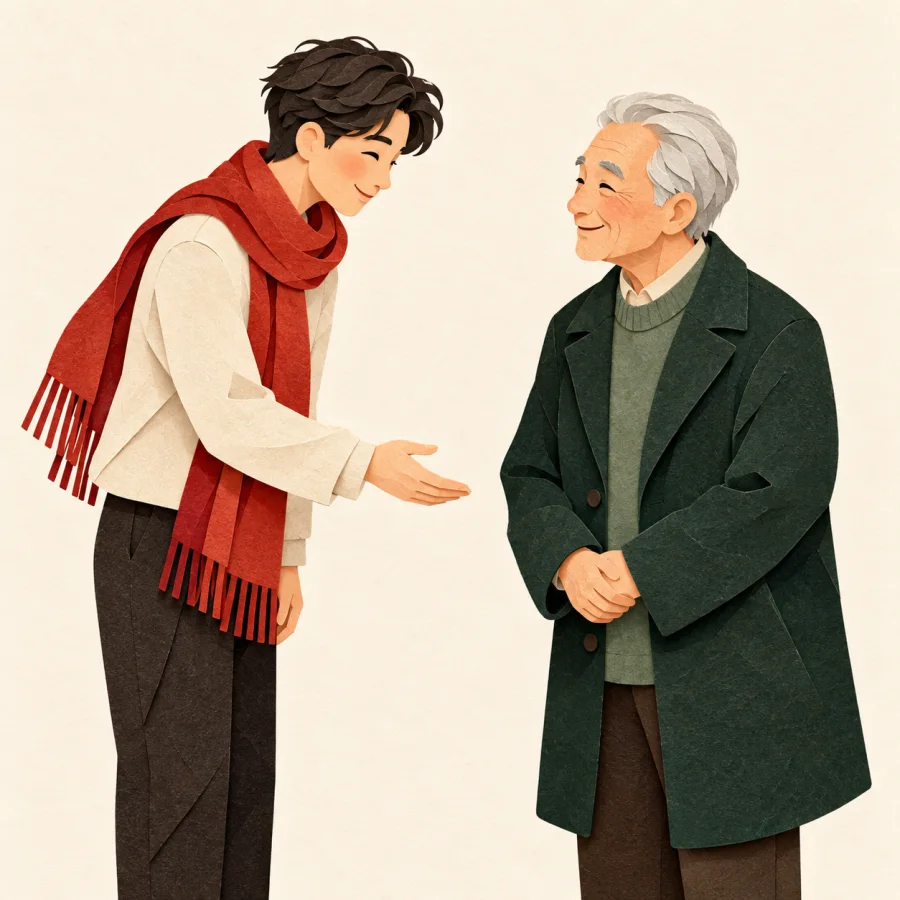 A young person nods politely to an older person