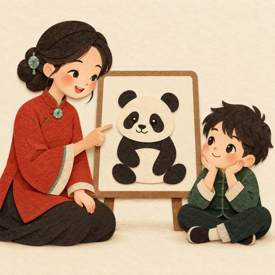 A teacher points to a paper panda while a child listens