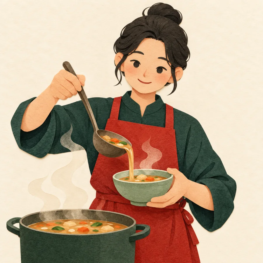A person ladles soup from a big pot into a bowl