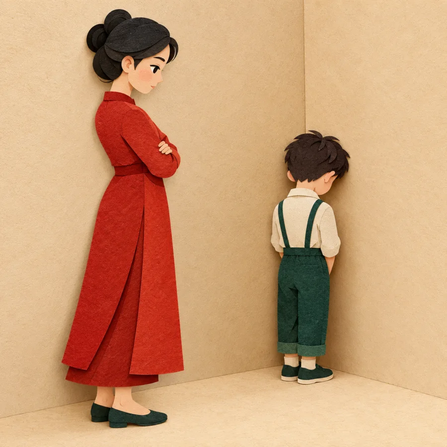 A child stands facing a corner while a teacher watches
