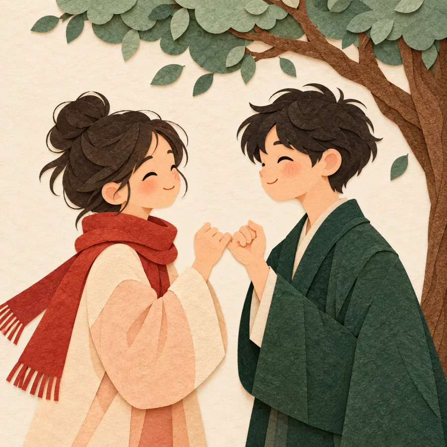 Two people link little fingers under a tree