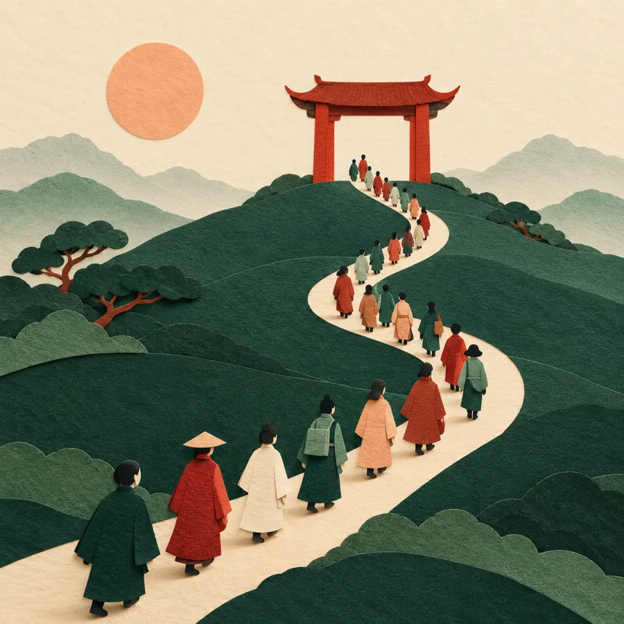A long line of paper people walks over a hill to a red gate