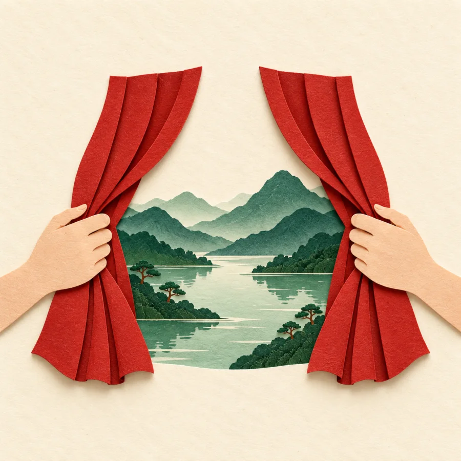 Two hands pull back a red curtain to show hills and a lake