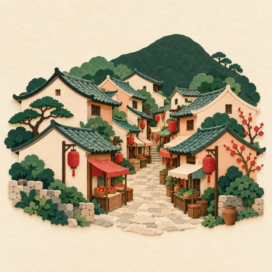 A small town with tiled roofs around a market street