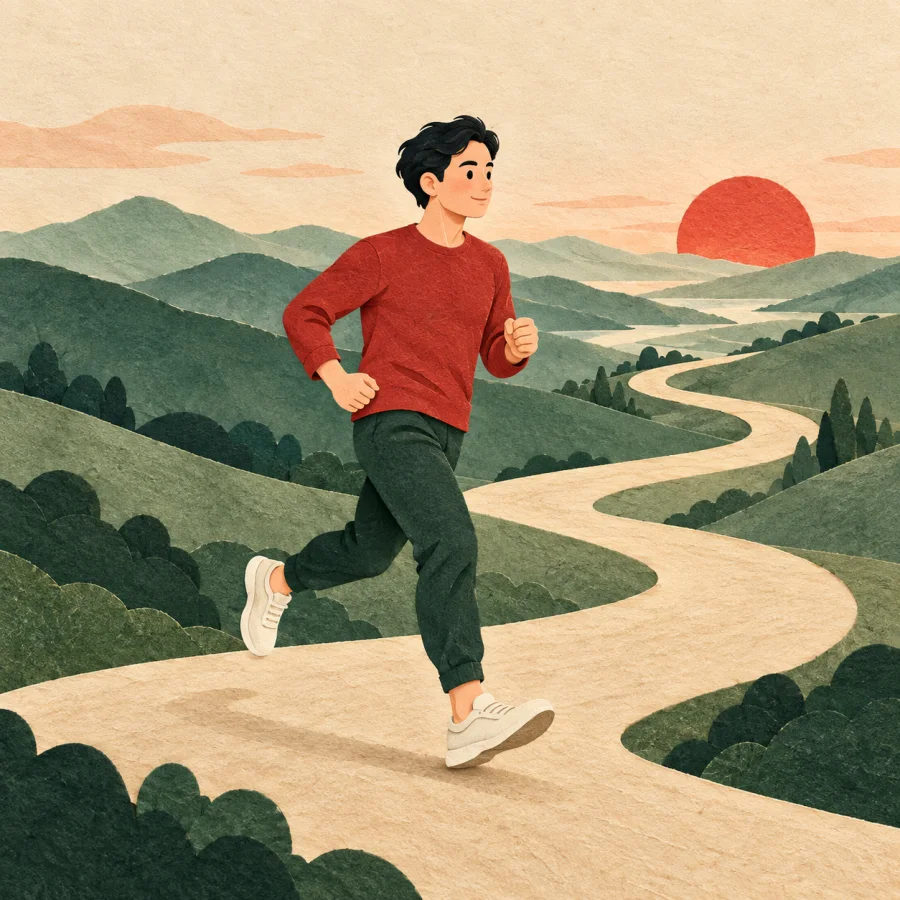 A runner jogs steadily along a long road through hills