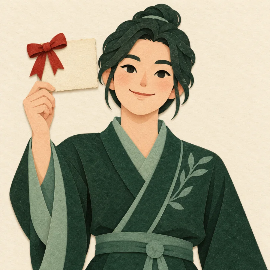 A person proudly holds up a card with a red ribbon