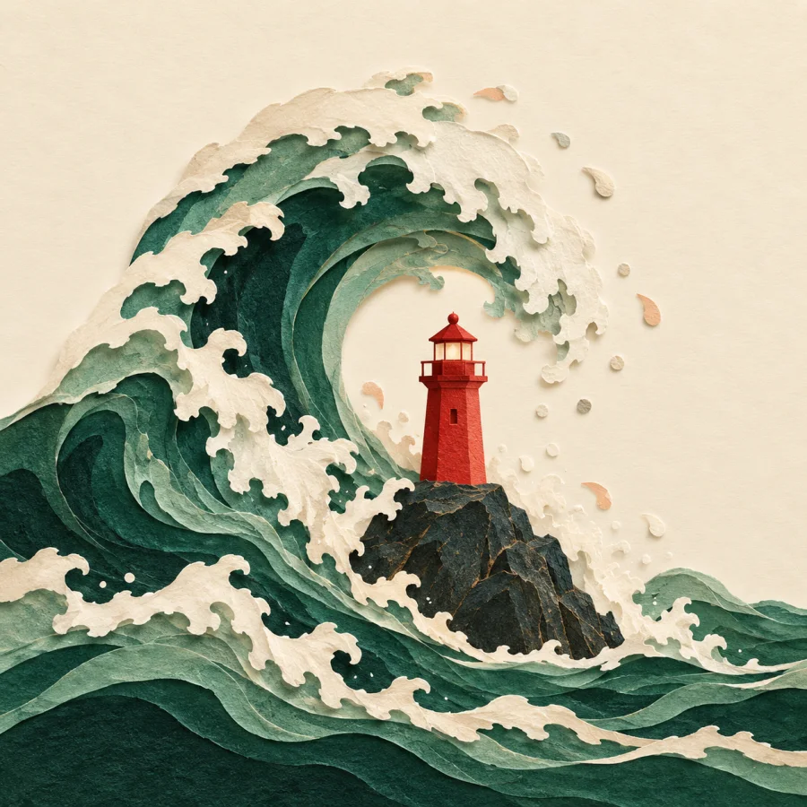 A huge wave crashes against a red lighthouse on a rock