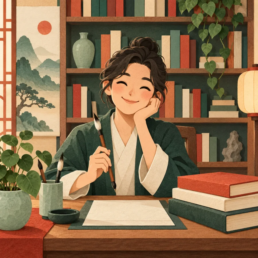 A person at a desk with books, a plant and a brush