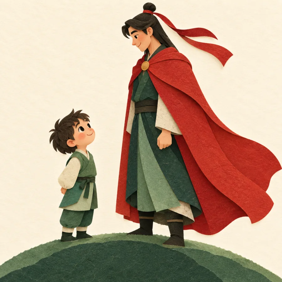 A child gazes up in awe at a tall caped figure