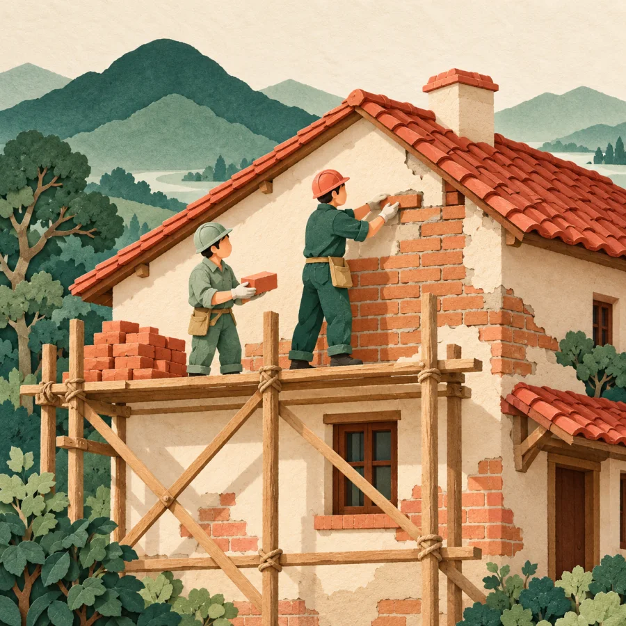 Two builders on scaffolding rebuild a small house wall