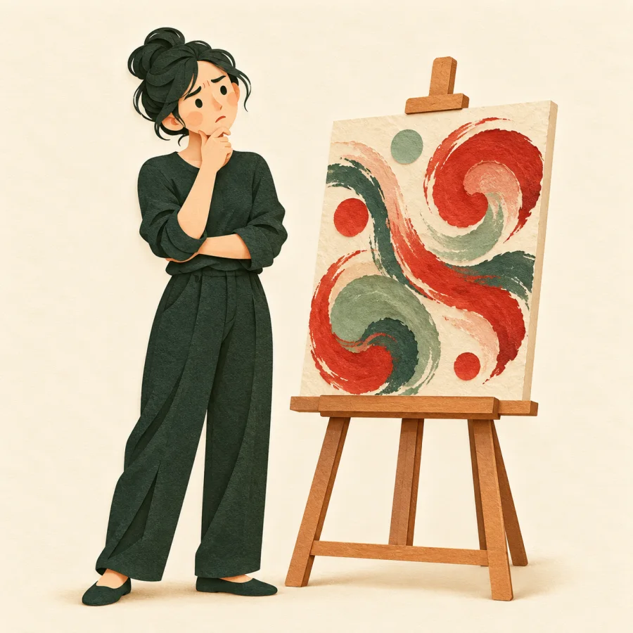 An easel with loose colourful shapes and a puzzled viewer