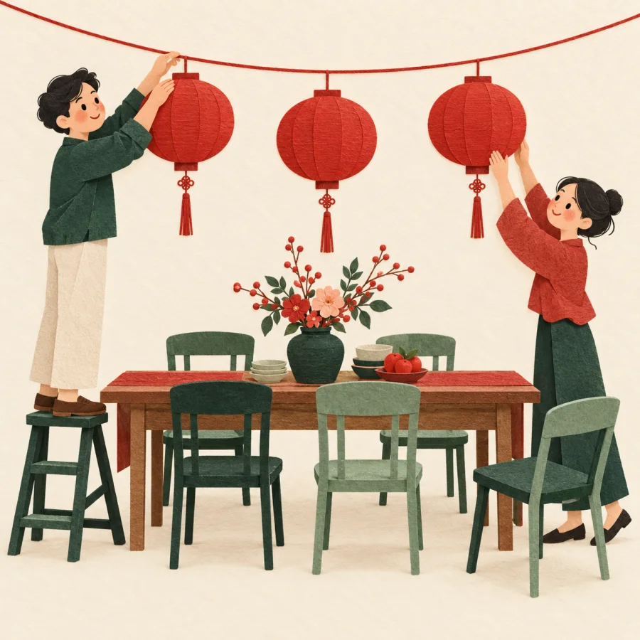 Two people hang paper lanterns above a long table