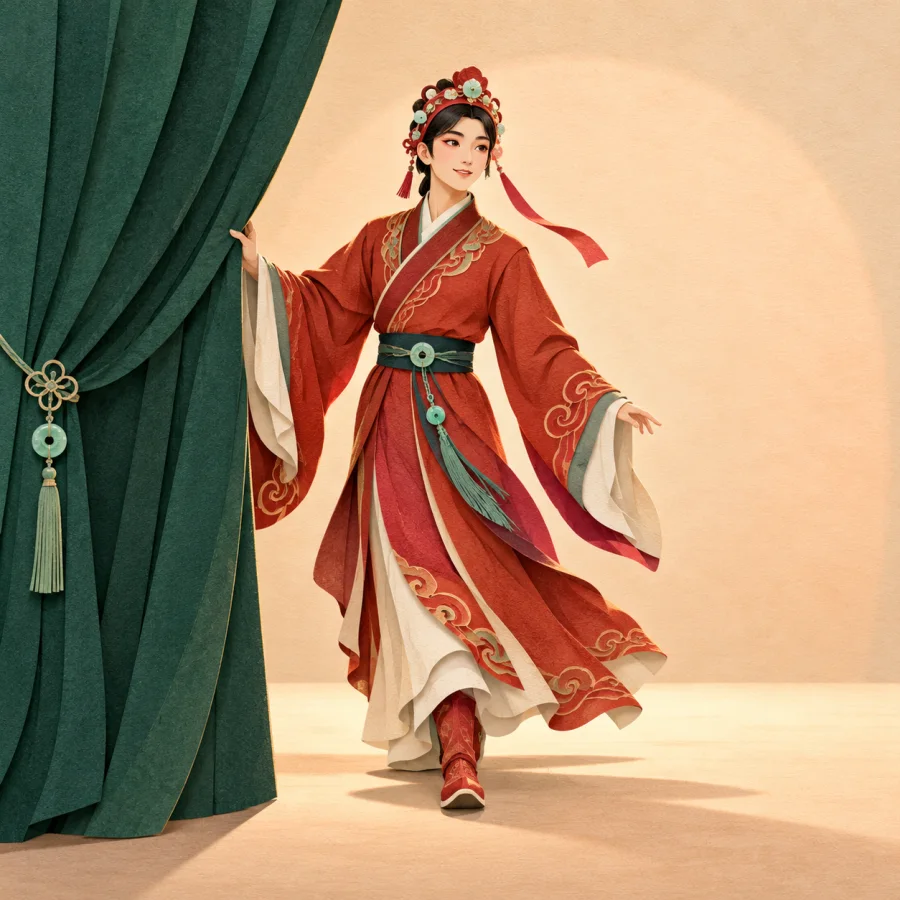 A performer in red steps from behind a curtain onto a stage