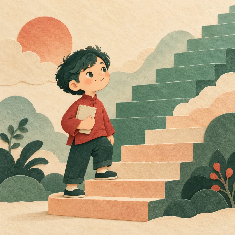 A child with a thin book stands on the lowest step