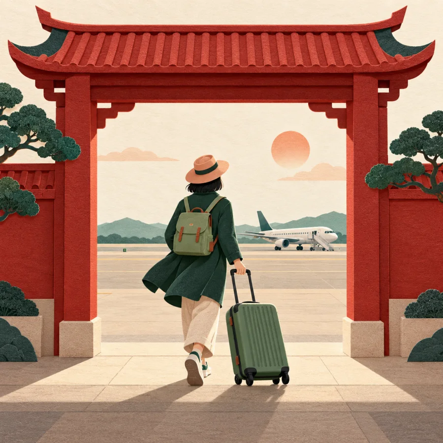 A traveller with a suitcase walks through a red gate to a plane