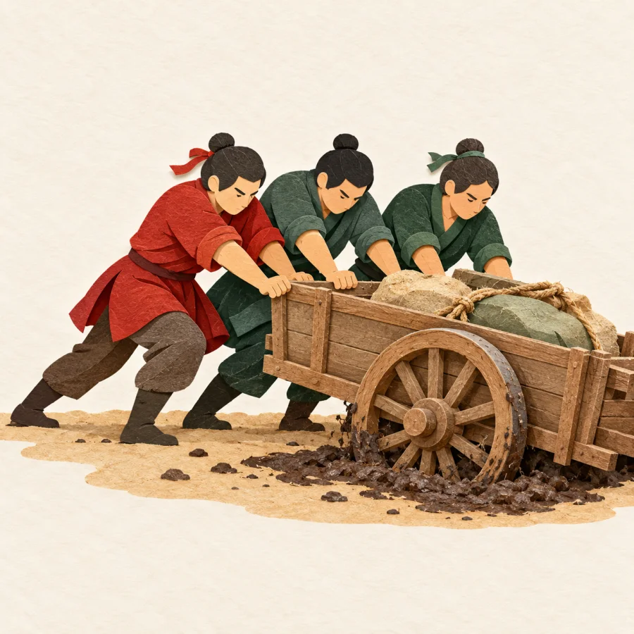 Three people push a stuck cart out of the mud
