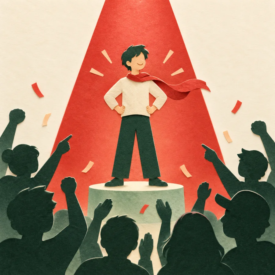 A person on a podium in a spotlight with a cheering crowd