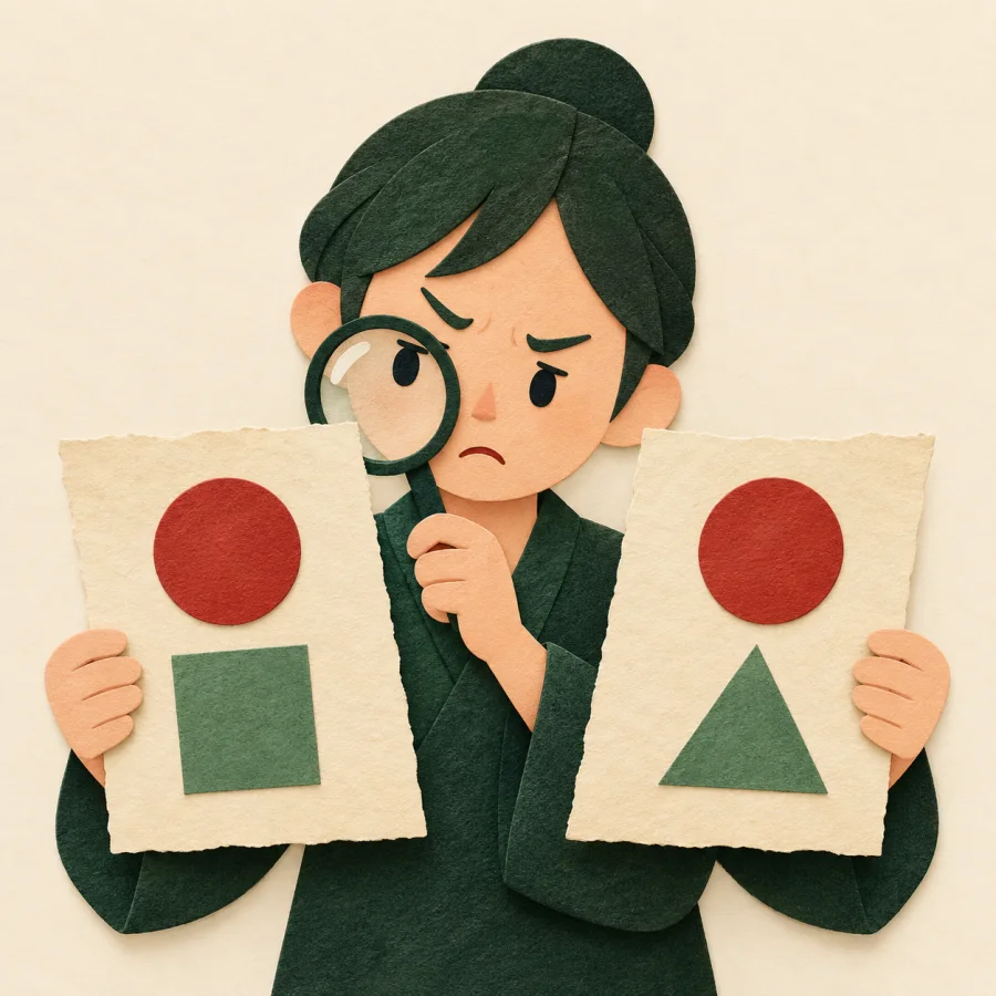 A person with a magnifier frowns over two different sheets