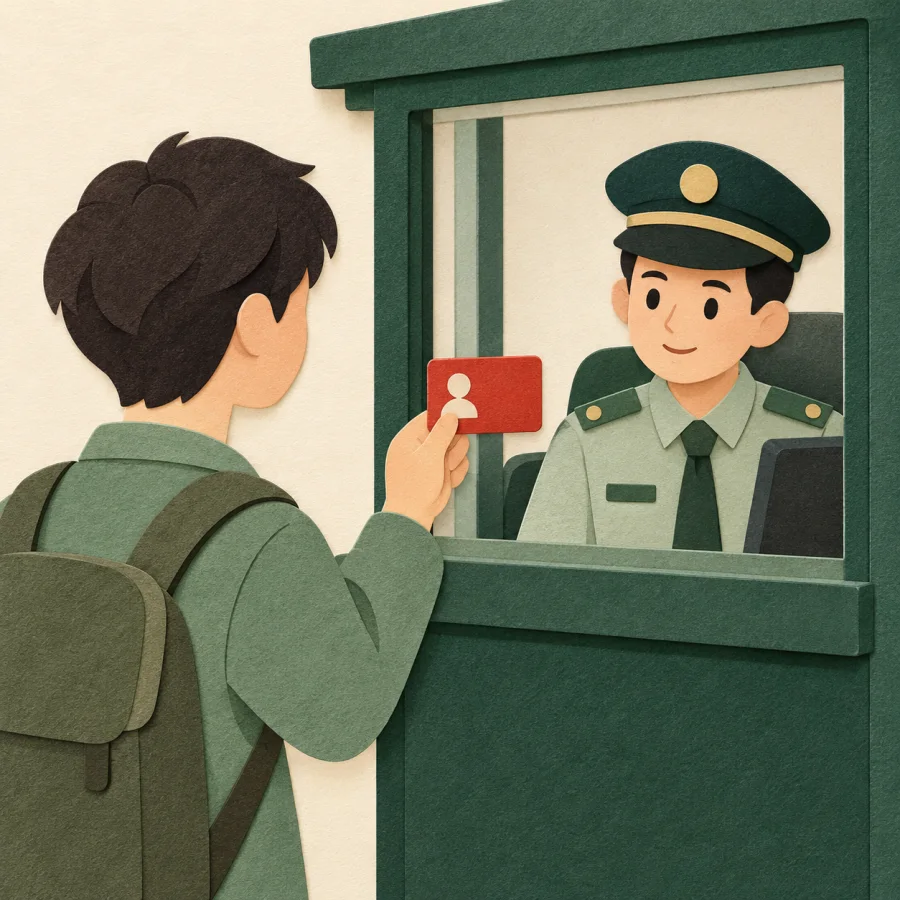 A person holds up a card to a guard behind a window