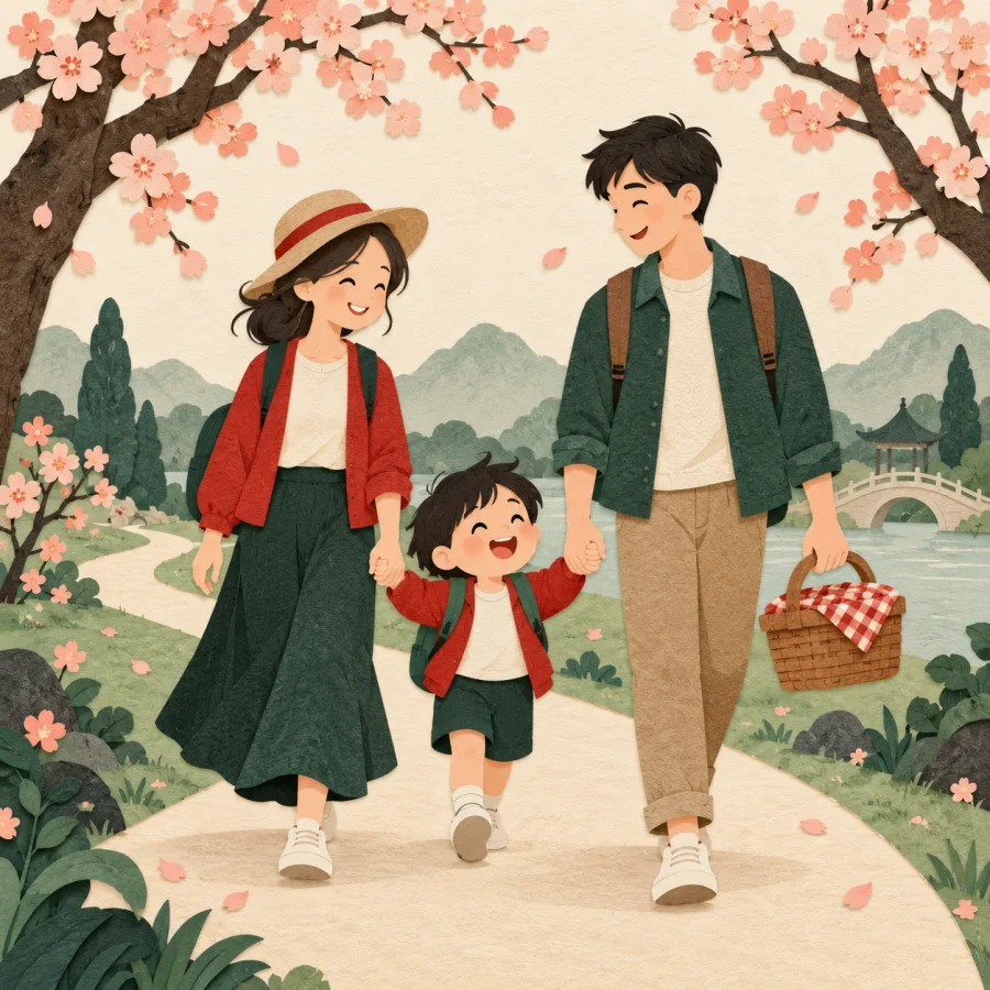 A family with backpacks walks a path among blossoming trees