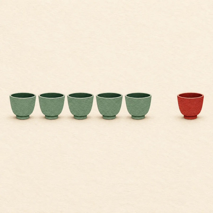 A row of identical green cups with one red cup apart