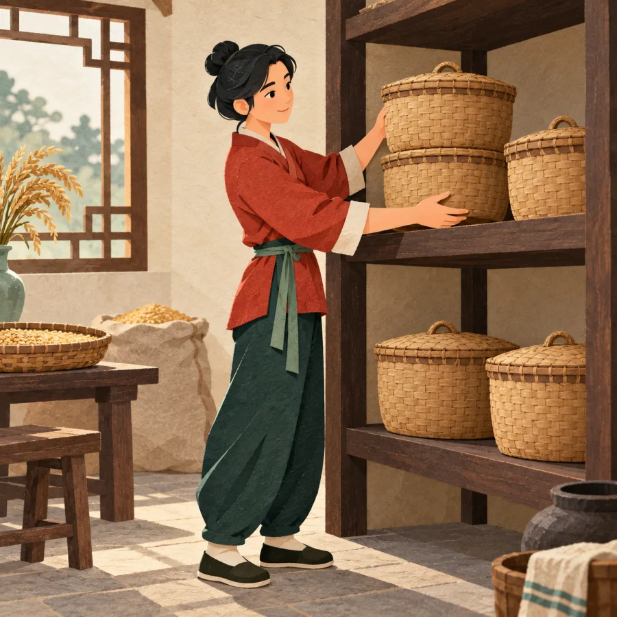 A person arranging grain baskets onto shelves in a storeroom