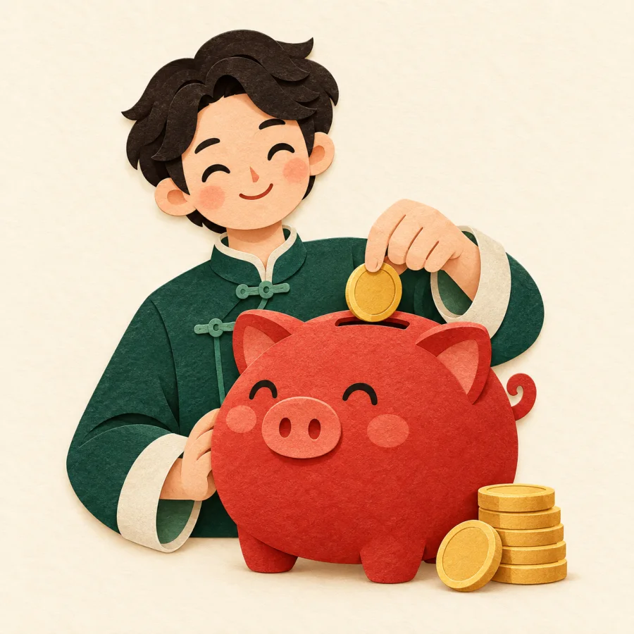 A person drops a coin into a red piggy bank