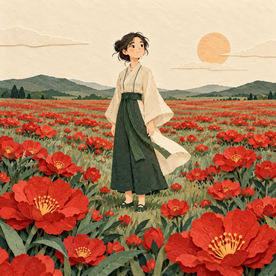 A person stands among flowers blooming in every direction