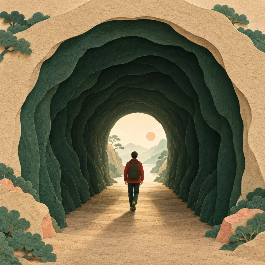 A person walks through a tunnel toward the light
