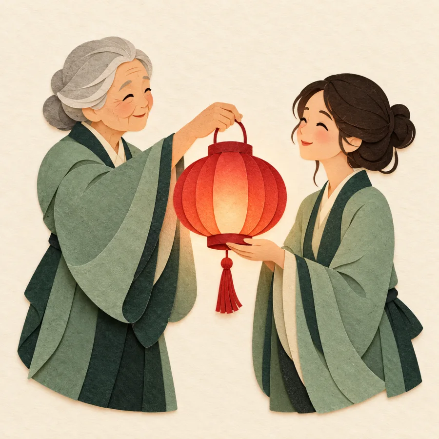 An older person hands a red lantern to a young person