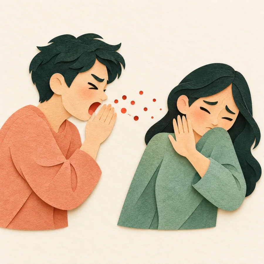 A sneezing person with droplets drifting toward a neighbor