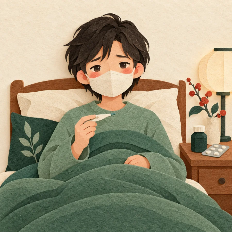 A sick person in a mask sits in bed with a thermometer