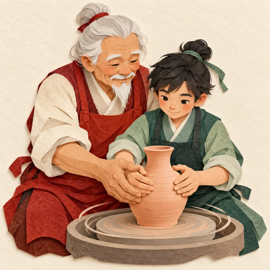 An old potter guides an apprentice's hands on the wheel