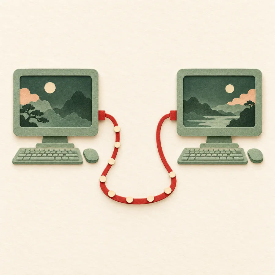 Two computers connected by a red cable