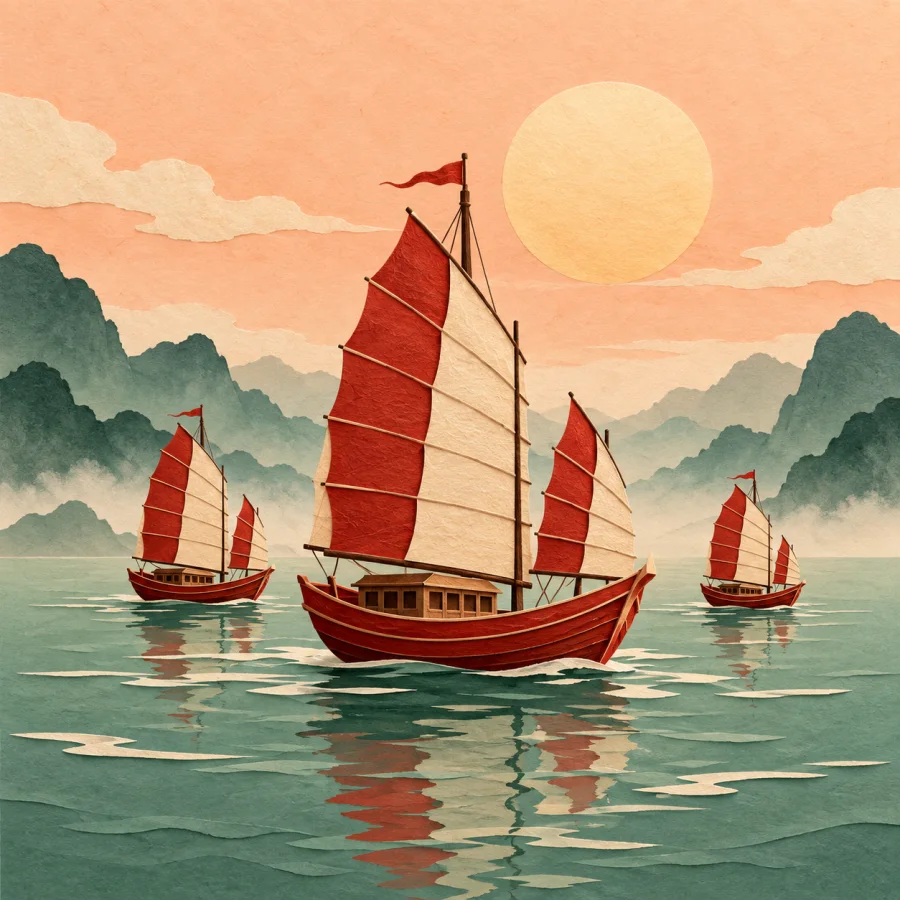 Several boats sail on calm green water