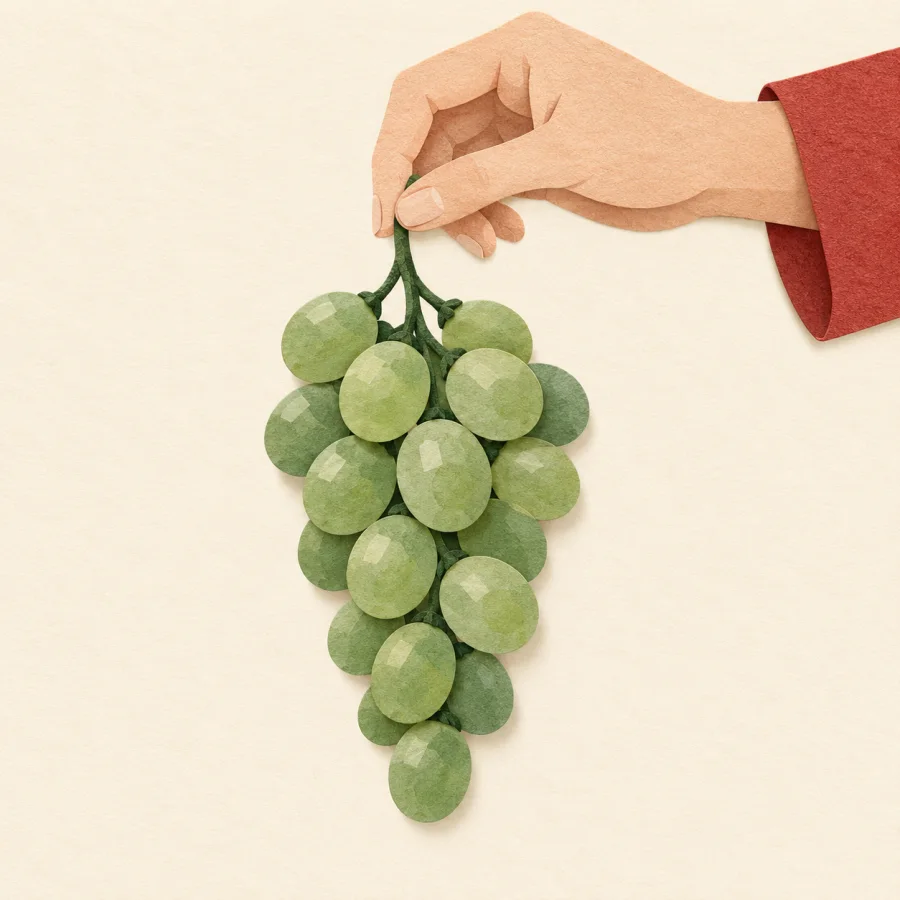 A hand holds up a bunch of green grapes