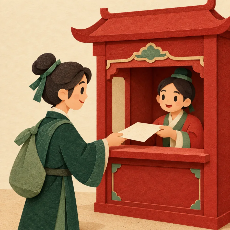 A person passes paper through a booth window