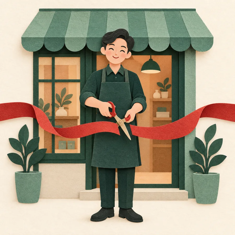 A person cuts a red ribbon at a new shop