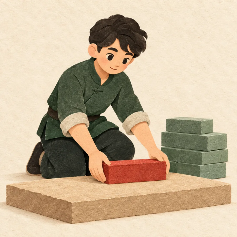 A person lays the first red brick on a foundation